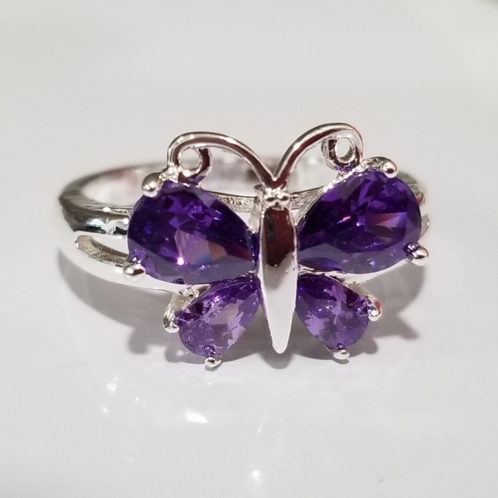 925 stamped Silver plated Purple butterfly ring size 9